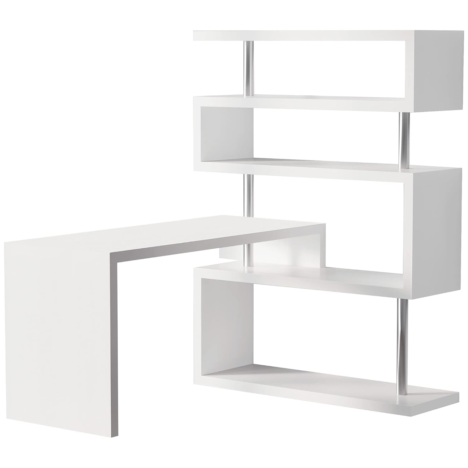 HomCom Modern L-Shaped 360° Rotating Computer Desk Corner Home Office Study Workstation with 5-Tier Storage Shelves, Bookshelf, White