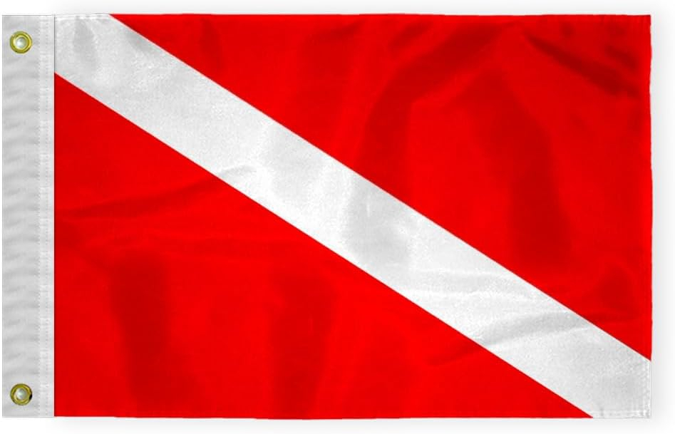 AGAS Skin Diver Flag - 12 x 18 Inch - Printed 200 Nylon - Stitched Edges - Solid Brass Grommets Canvas Heading - Red and White Stripe Nautical Flag.
