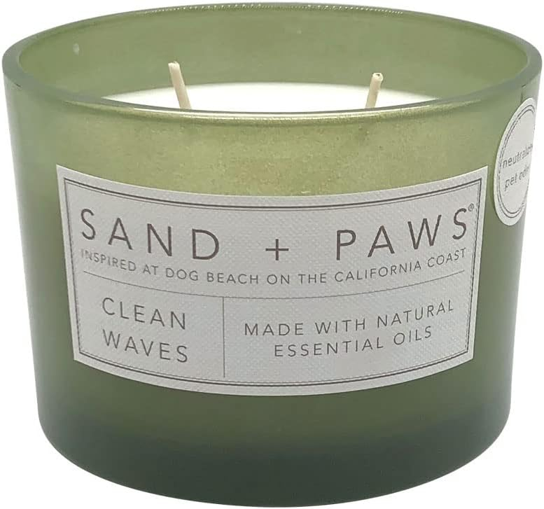 Sand + Paws Scented Candle - Clean Waves - Additional Scents and Sizes –Luxurious Air Freshening Jar Candles Neutralize pet Odors and Enhance Home décor – 100% Cotton Lead-Free Wicks - 12 oz