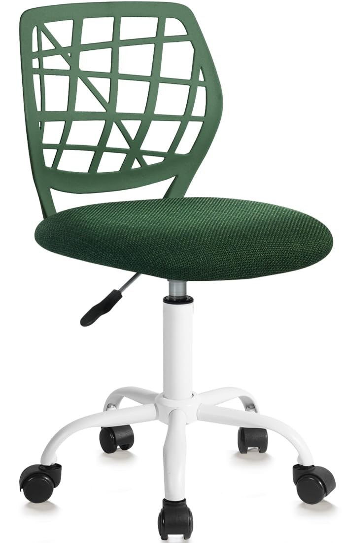 Kids Desk Chair, Fabric Office Chair Armless Small Mid Back Swivel Children Computer Task Chair Ergonomic Height Adjustable Study Chairs with Swivel Padded Cushion and Rolling Wheels, Dark Green