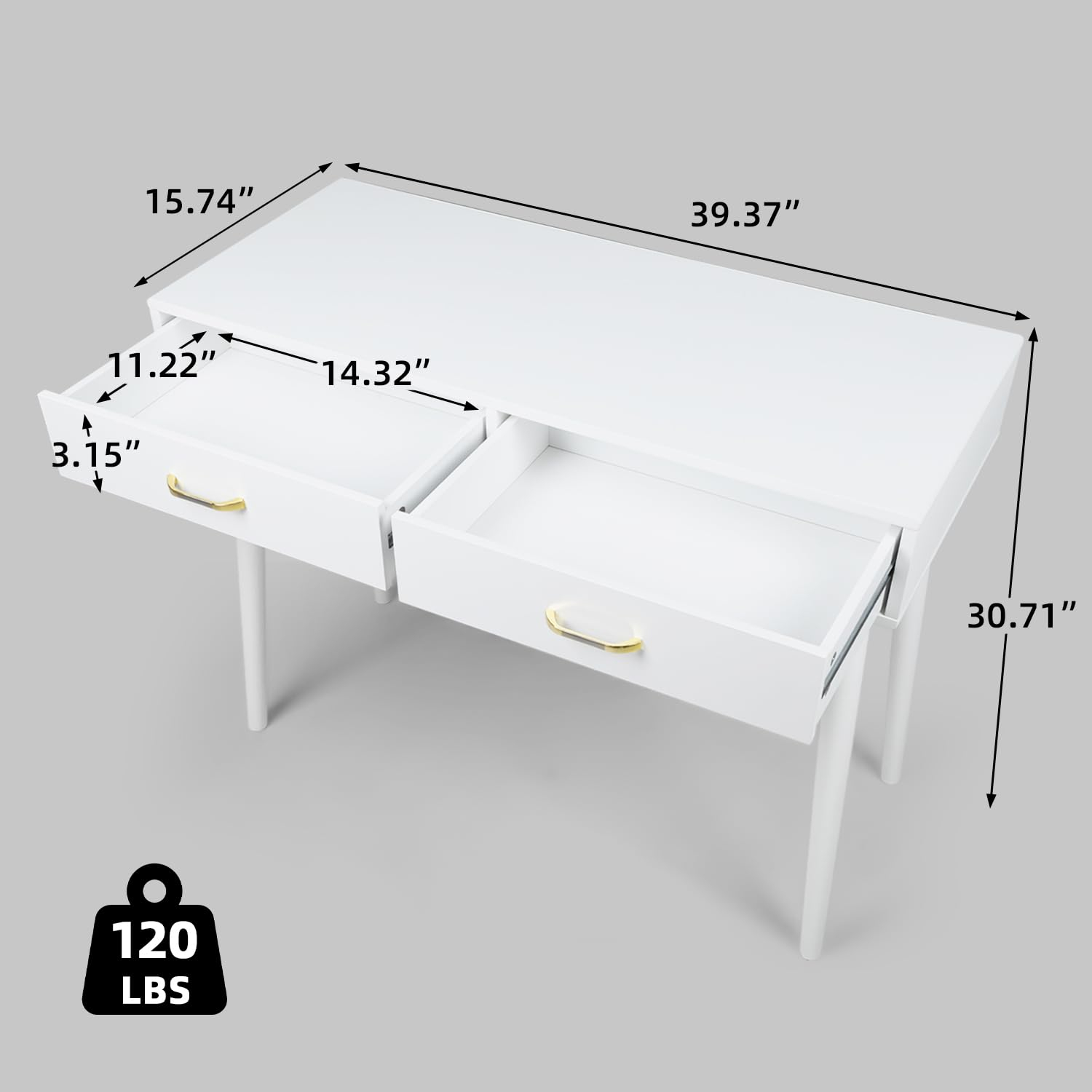 Small White Desk with 2 Drawers, Modern Writing Desk for Small Spaces, Home Office Desk for Study, Laptop Computer Desk for Work, Makeup Vanity Table for Bedroom (White)