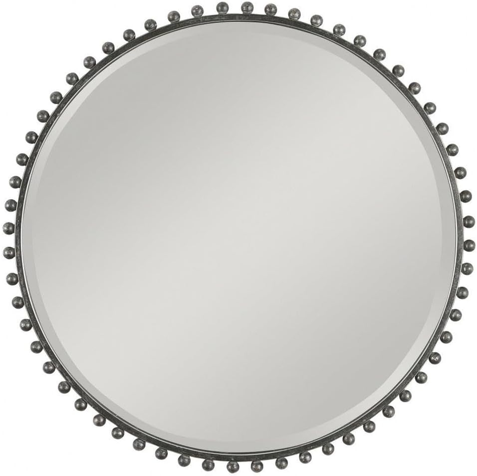 Uttermost Round Vanity Accent Wall Mirror Industrial Beveled Distressed Black Gray Glaze Iron Frame 32" Wide for Bathroom Bedroom