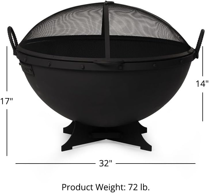 Ash & Ember 32" Hemisphere Fire Pit with Screen and Poker, Cast Iron High-Temperature Black Paint Fire Bowl, Wood Burning Backyard Fireplace, Portable Outdoor Firepit