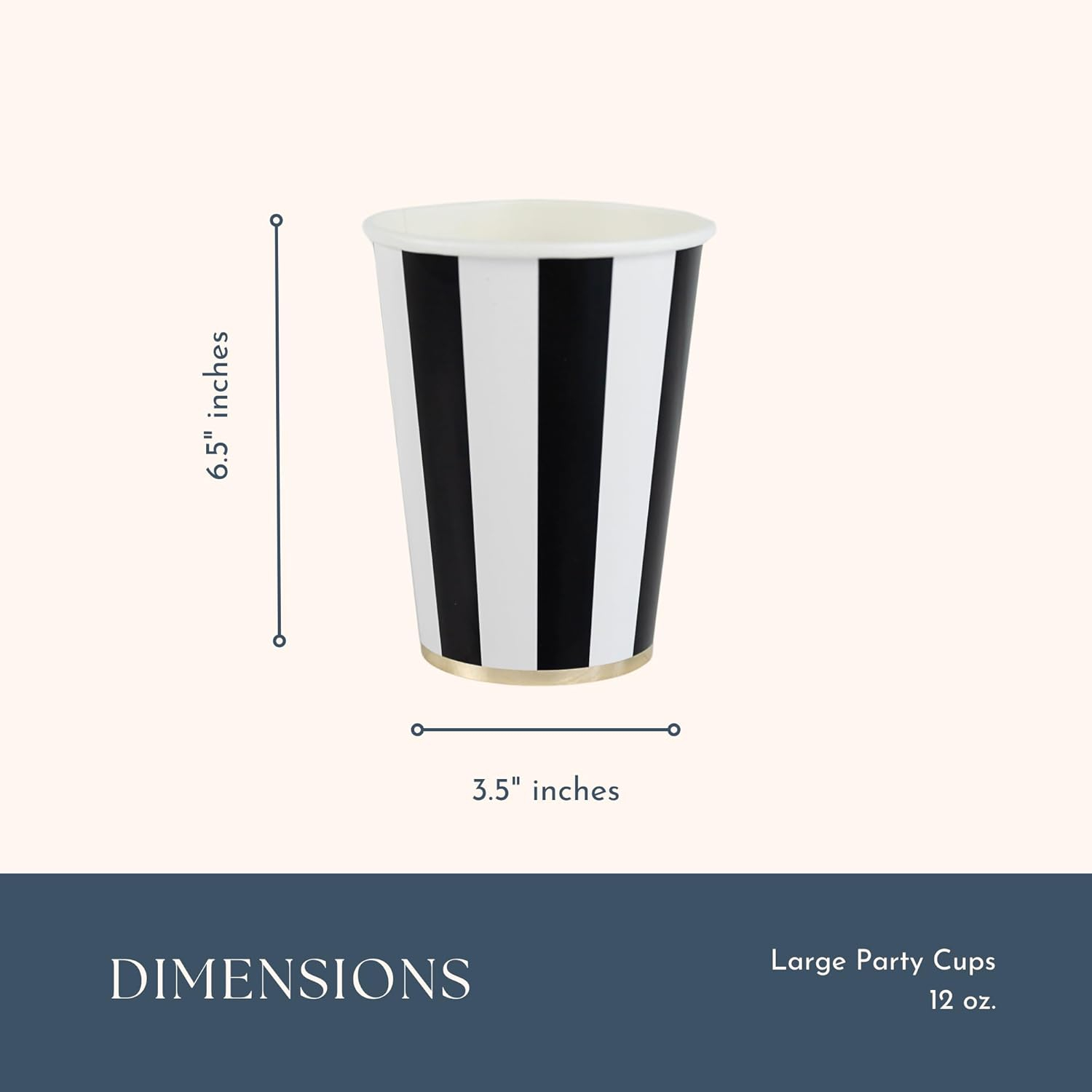Black and White Striped Paper Cups with Gold Trim, 12oz