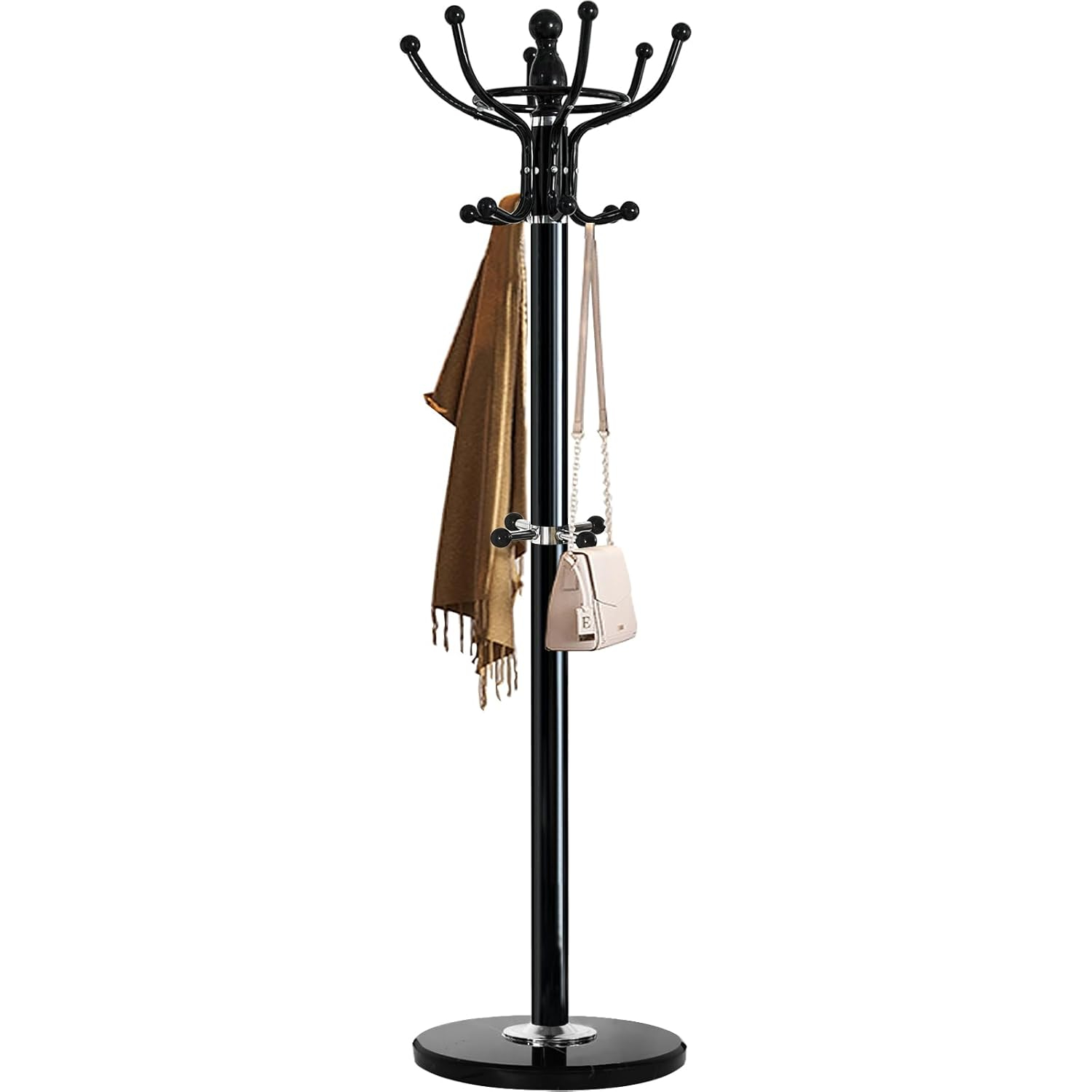 Metal Coat Rack Freestanding 16 Hooks, Entry-way Coat Racks Stand with Natural Marble Base Hall Tree, Easy Assembly for Coat Tree Hats Hanger Holder for Purse, Scarf Rack, Jacket (Black)