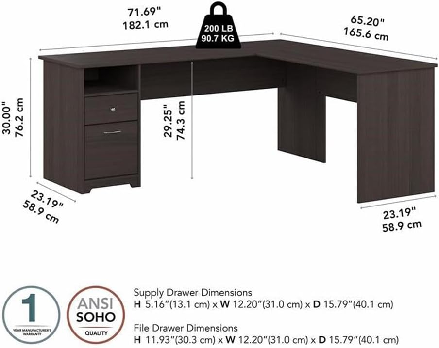 Cabot 72W L Shaped Computer Desk with File in Heather Gray - Engineered Wood
