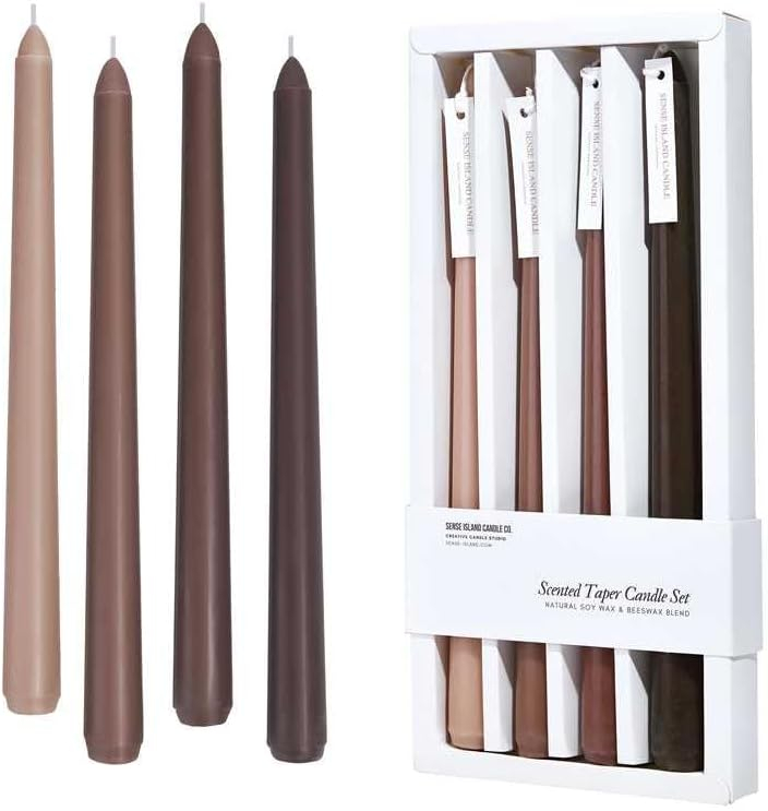 Taper Candles 10'' Colored Candle Sticks Set of 4 | Coffee Cream Scented, Natural Soy Wax | Home Decor Kitchen Decor Wedding Decorations (Brown Shades)