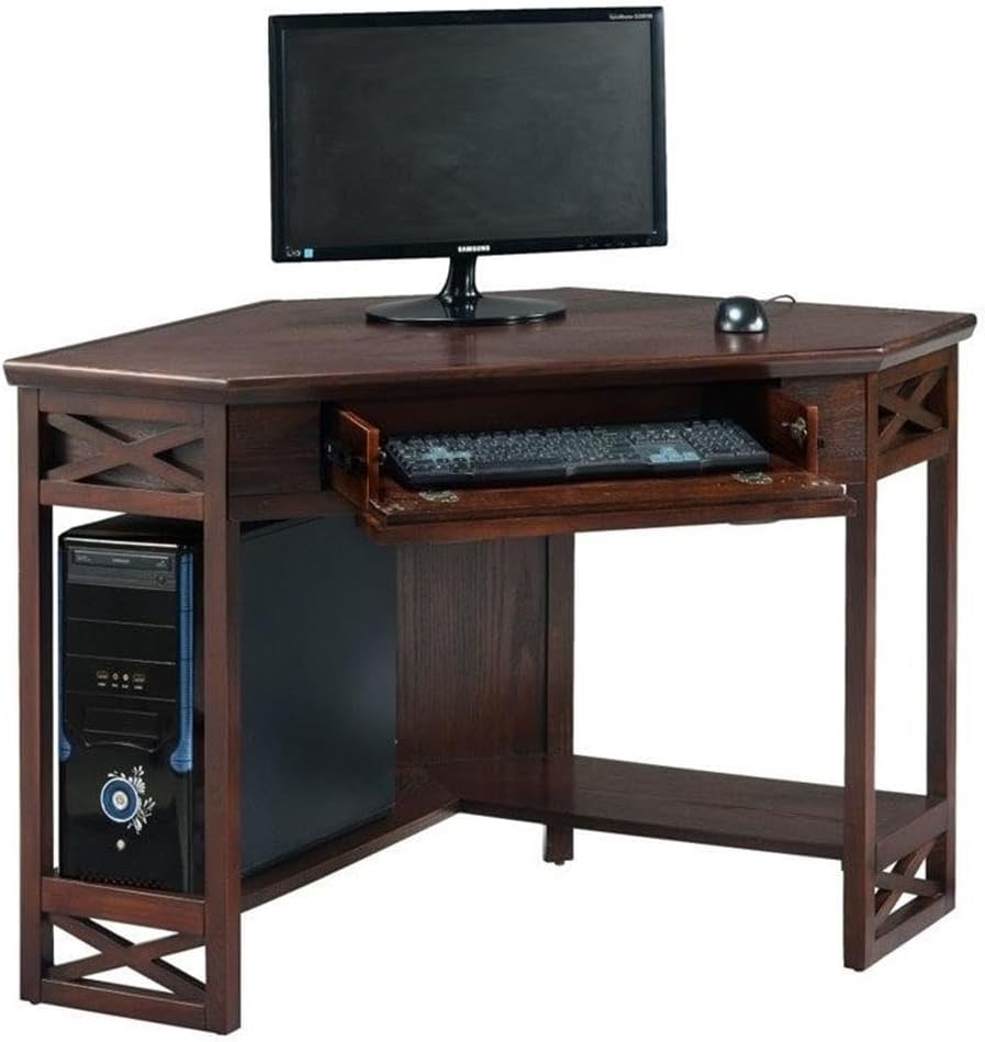 Leick Home 81430 Corner Computer/Writing Desk with Drawer and Shelf, Made with Solid Wood, Chocolate Oak