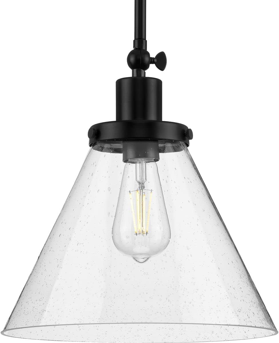 Progress Lighting Hinton 1-Light Industrial Pendant Light, Matte Black, Seeded Glass Shade