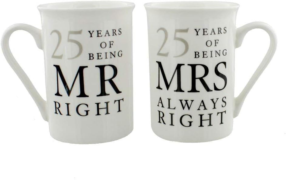 Happy Homewares Ivory White 25th Anniversary Mr Right & Mrs Always Right Ceramic Mug Gift Set