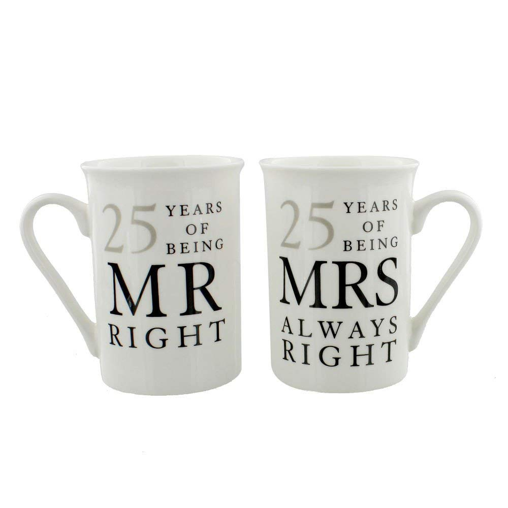 Happy Homewares Ivory White 25th Anniversary Mr Right & Mrs Always Right Ceramic Mug Gift Set