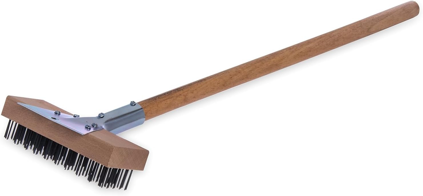 Carlisle Sparta Broiler Master Grill Brush and Scraper with Handle, Metal Bristles, 30", Natural Wood Handle