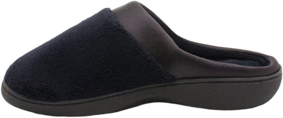 Isotoner Women's Terry and Satin Slip on Cushioned Slipper with Memory Foam for Indoor/Outdoor Comfort Flat Sandals BLK-8/9