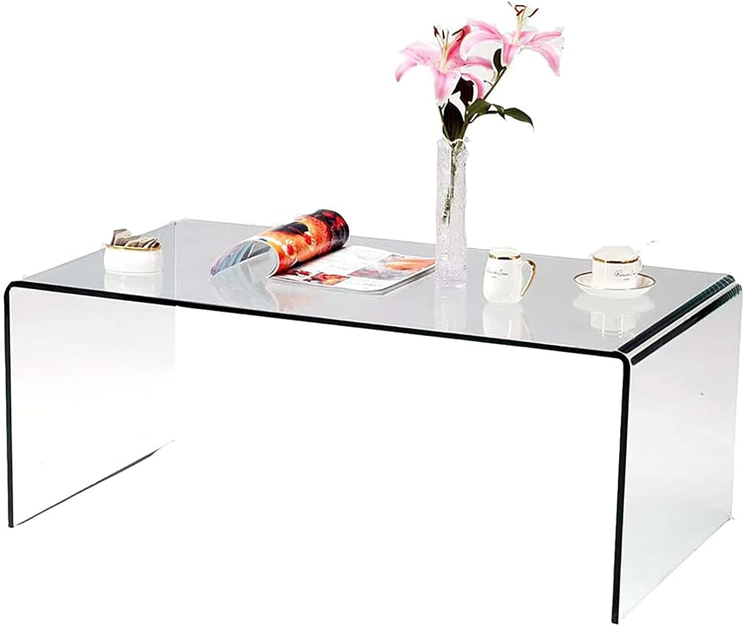 Glass Coffee Table, Modern Clear Tables for Living Room, Small Rectangle Tempered Glass Waterfall Sofa End Coffee Tables 39.4" x 19.7" x 13.78"H