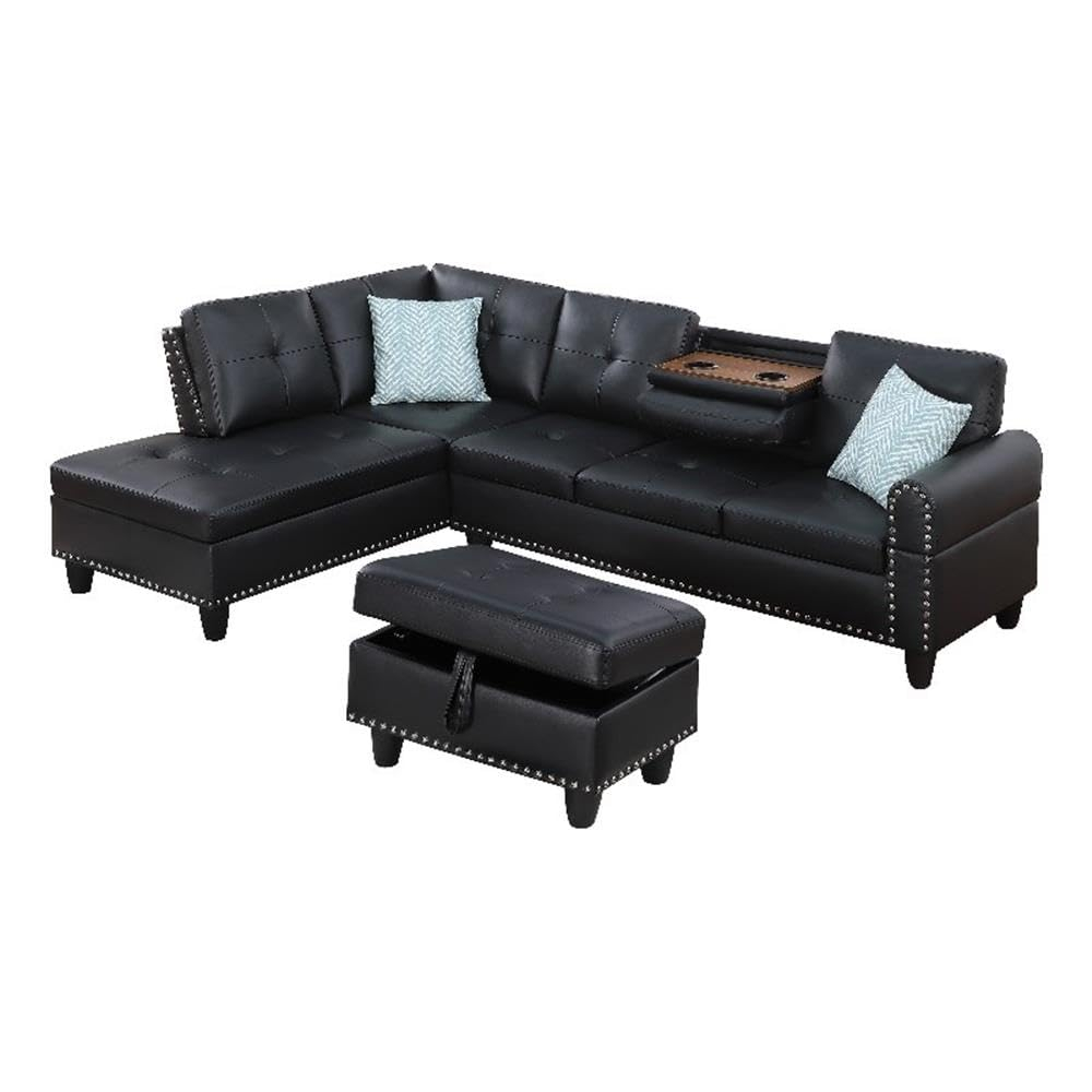 Devion Furniture Contemporary Faux Leather Nailhead Trim L Shaped Sectional Sofa Set Black