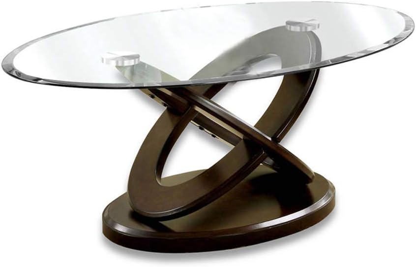 Benjara Oval Glass Top Coffee Table with Cross Oval Base, Brown and Clear