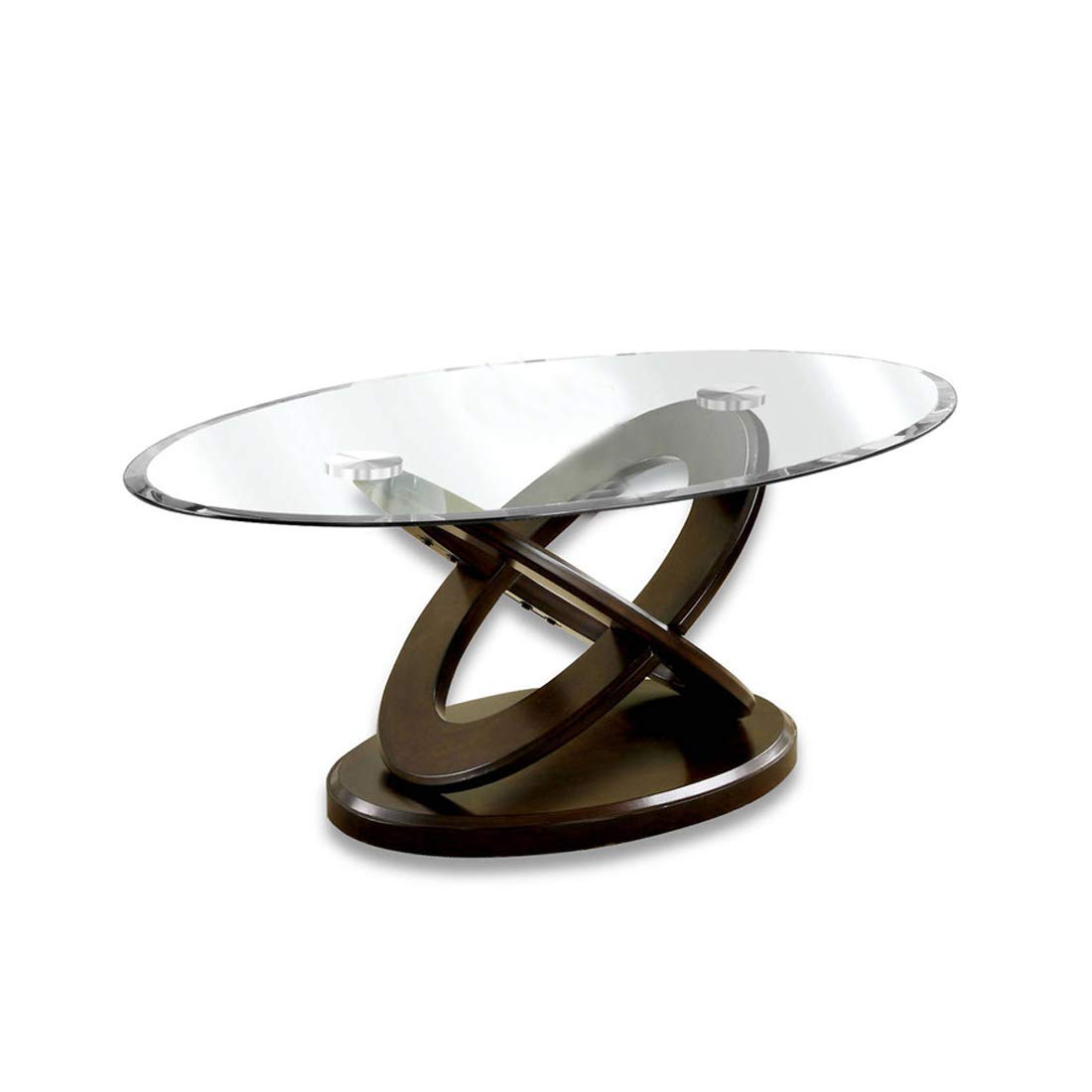 Benjara Oval Glass Top Coffee Table with Cross Oval Base, Brown and Clear