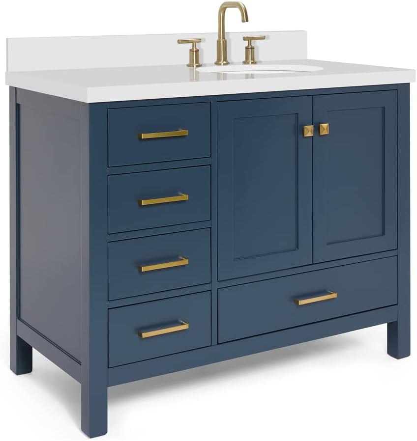 ARIEL Cambridge 43 Inch Midnight Blue Bathroom Vanity with Single Sink, Solid Wood, White Quartz Countertop, 1.5-Inch Edge, Right Rectangular Undermount Sink, 2 Soft Closing Doors, 5 Drawers