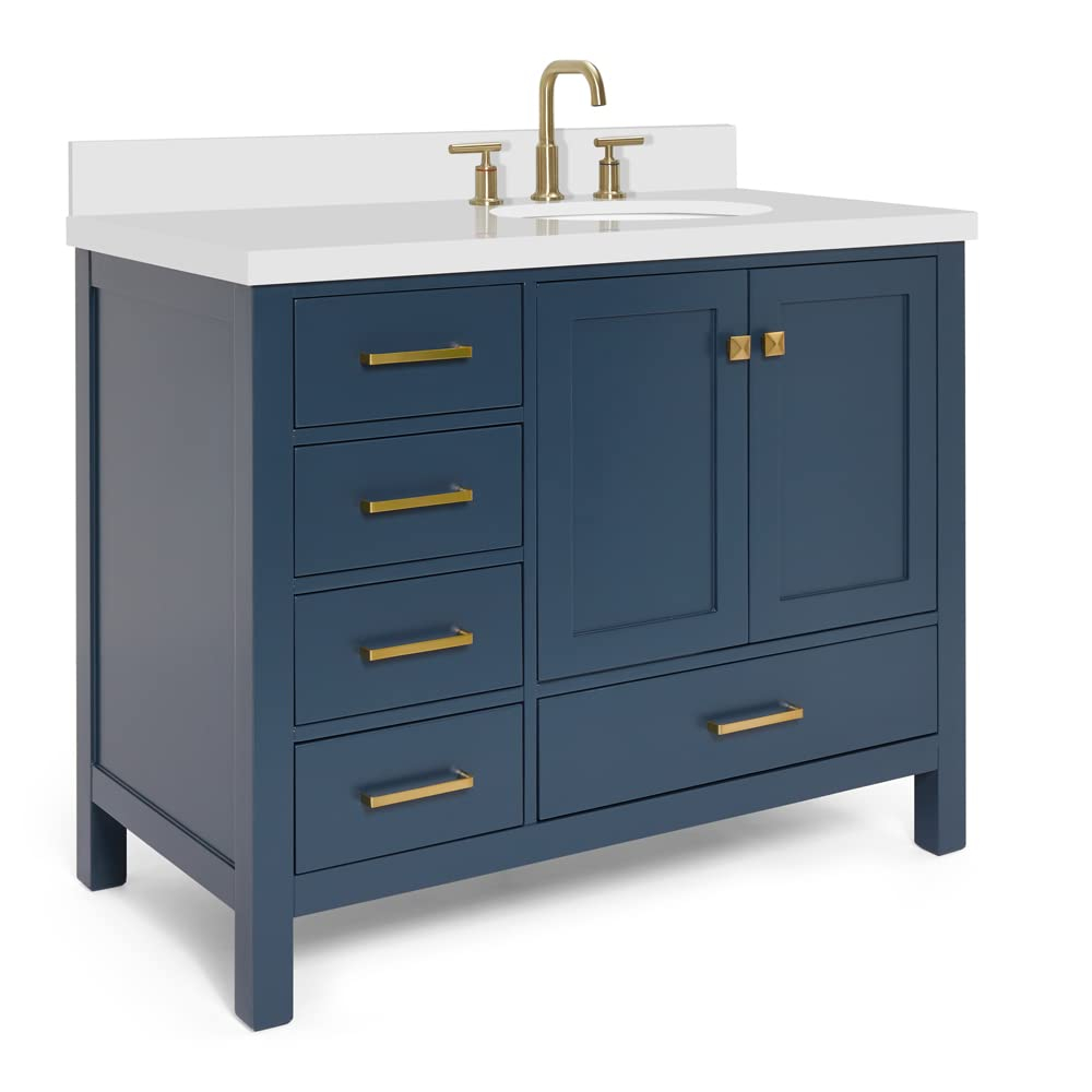 ARIEL Cambridge 43 Inch Midnight Blue Bathroom Vanity with Single Sink, Solid Wood, White Quartz Countertop, 1.5-Inch Edge, Right Rectangular Undermount Sink, 2 Soft Closing Doors, 5 Drawers