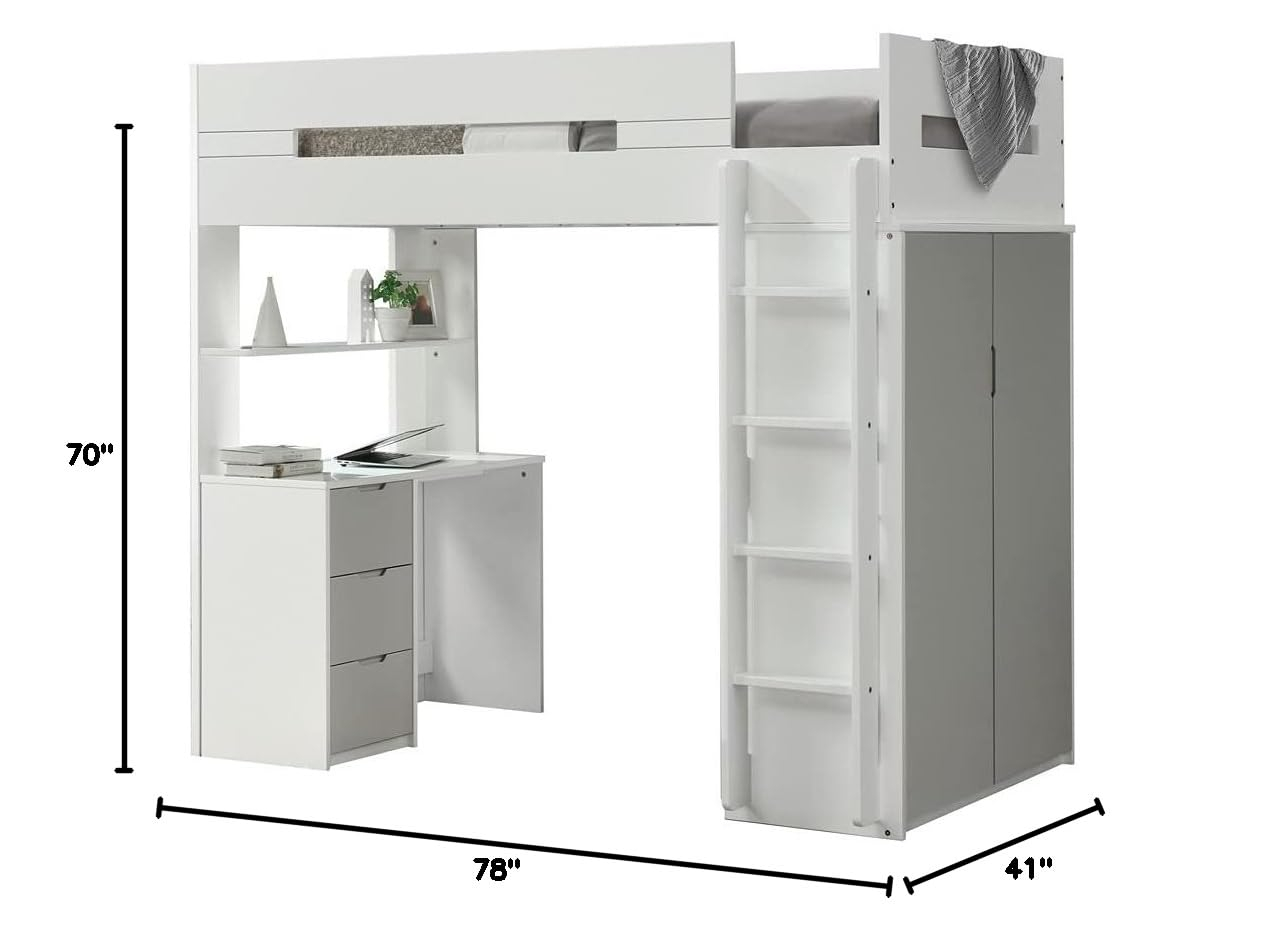 ACME Nerice Wooden Frame Twin Storage Loft Bed in White and Gray