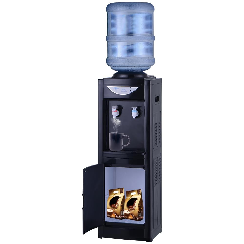 Hot & Cold Top Loading Water Dispenser, 5 Gallon Water Cooler Dispenser with Child Safety Lock, Removable Drip Tray and Storage Cabinet, Ideal for Home Office Use, White
