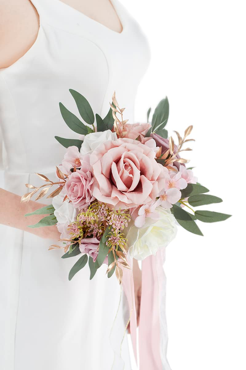 Ansofi Dusty Rose Wedding Bouquets for Bride Bridesmaid Artificial Silk Roses Flowers Tossing Bridal Bouquet for Wedding Ceremony Decor