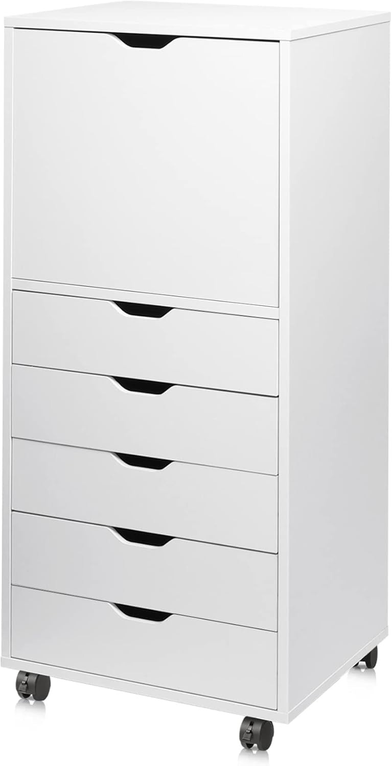 DEVAISE 5-Drawer Wood Dresser with Top Cabinet Storage, Mobile Chest of Drawers, Wide Storage Space for Home Office, White