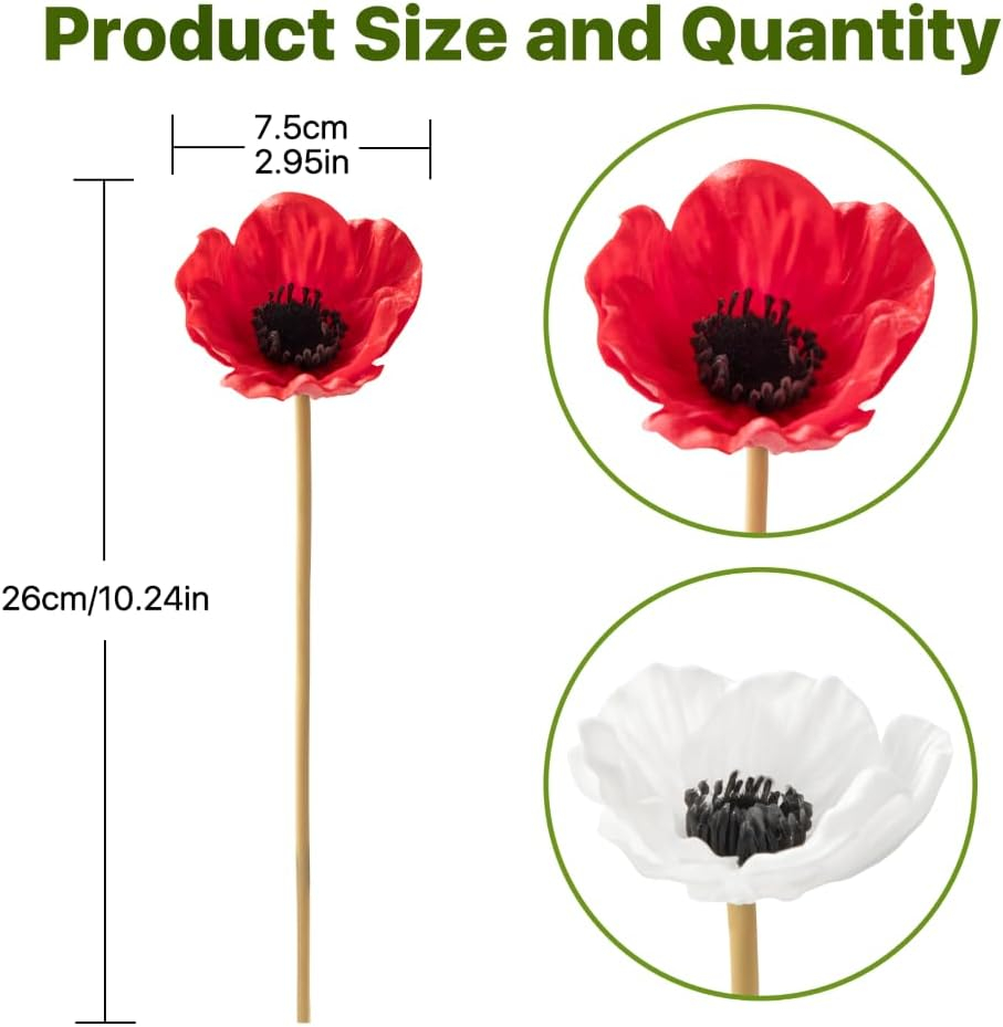 Floral Kingdom Artificial Anemone Poppy, Real Touch Latex, Red, 10 Inch, 8 Pack for Home and Wedding Table Decor, All Season