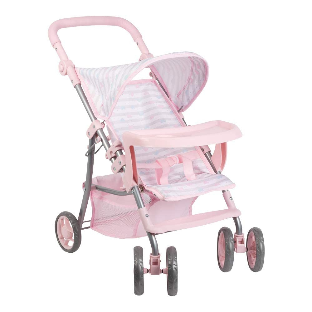 Adora Baby Doll Stroller, Snack N Go Collection with Adjustable Sun Cover and Doll Accessory Storage, Birthday Gift For Ages 3+ - Pastel Pink Heart