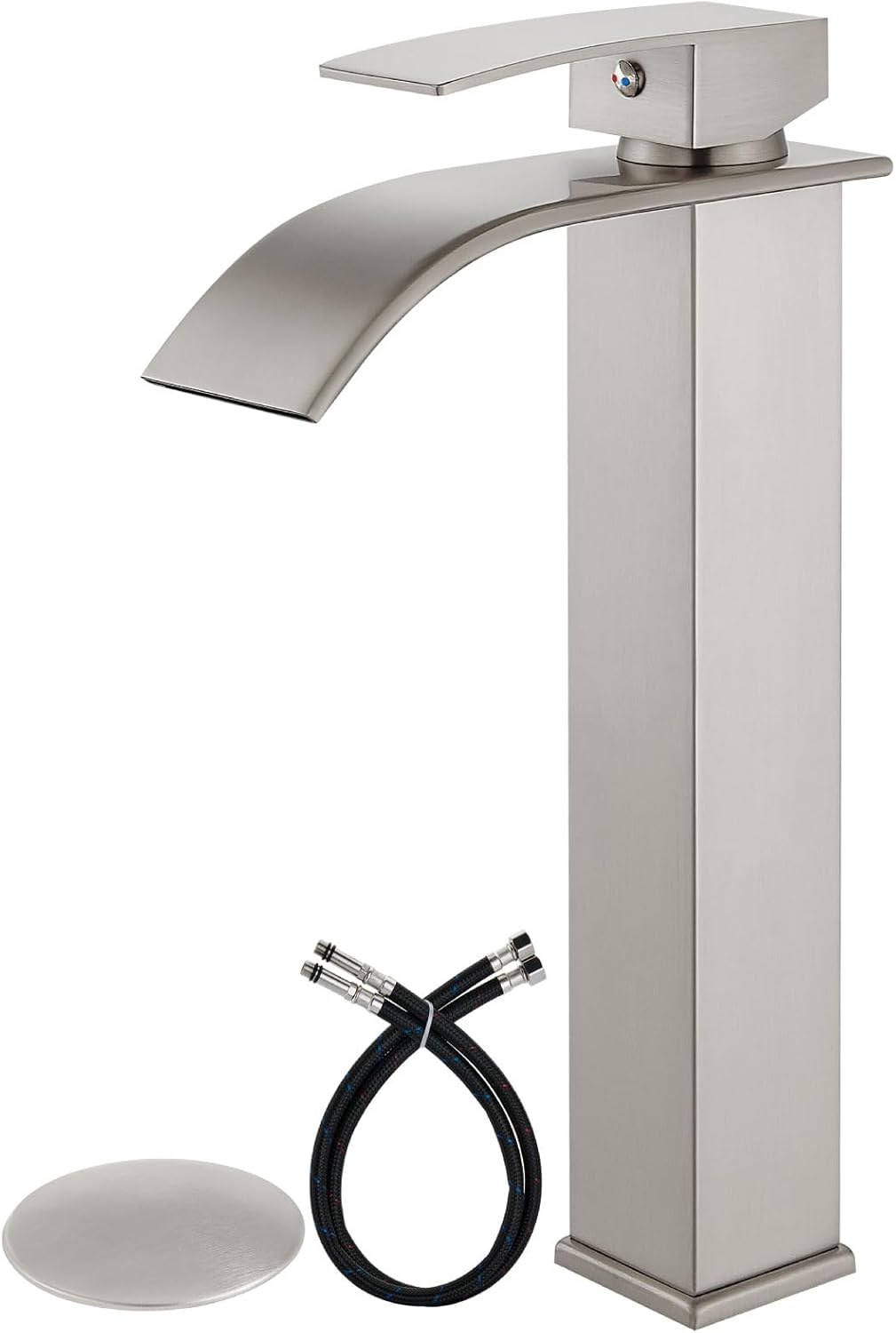 Single Handle Waterfall Vessel Sink Faucet Drain Kit Included and Single Hole in Brushed Nickel