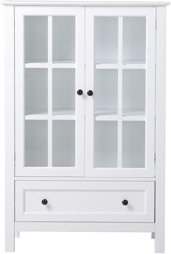 White Transitional Farmhouse China Cabinet with Glass Doors