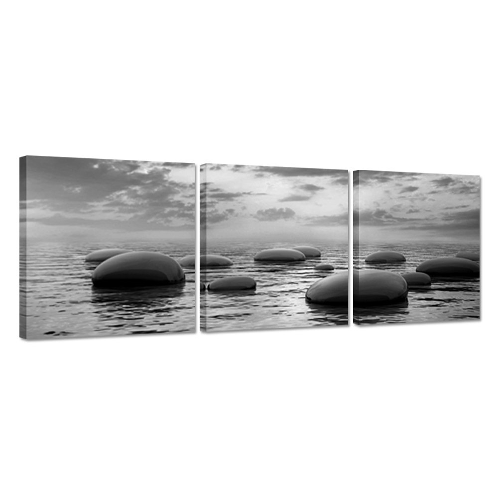 3 Panels Black And White Sea Rock Stone Zen Wall Art Seascape Painting Pictures Print for Home Office Bedroom Bathroom Decor Ready to Hang 12x12inchx3pcs