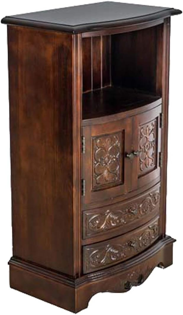 Brown Birchwood Engraved Storage Cabinet with 2 Drawers and 2 Doors