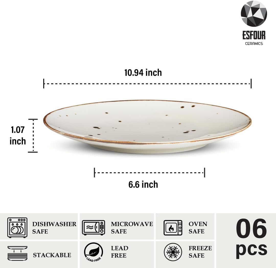 Glossy White and Brown Porcelain Dinner Plates Set of 6