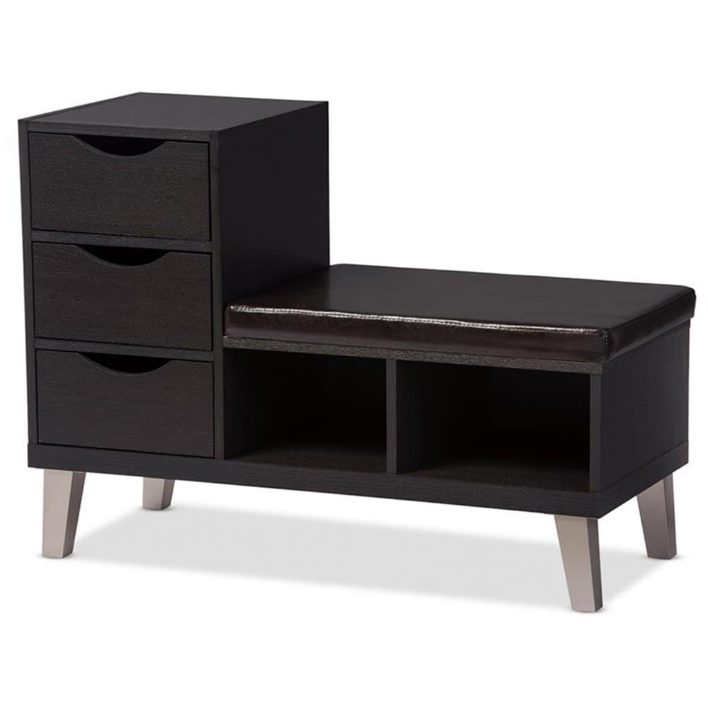 Arielle Modern and Contemporary Wood 3 - Drawer Shoe entryway benches with Two Open Shelves - Dark Brown - Baxton Studio