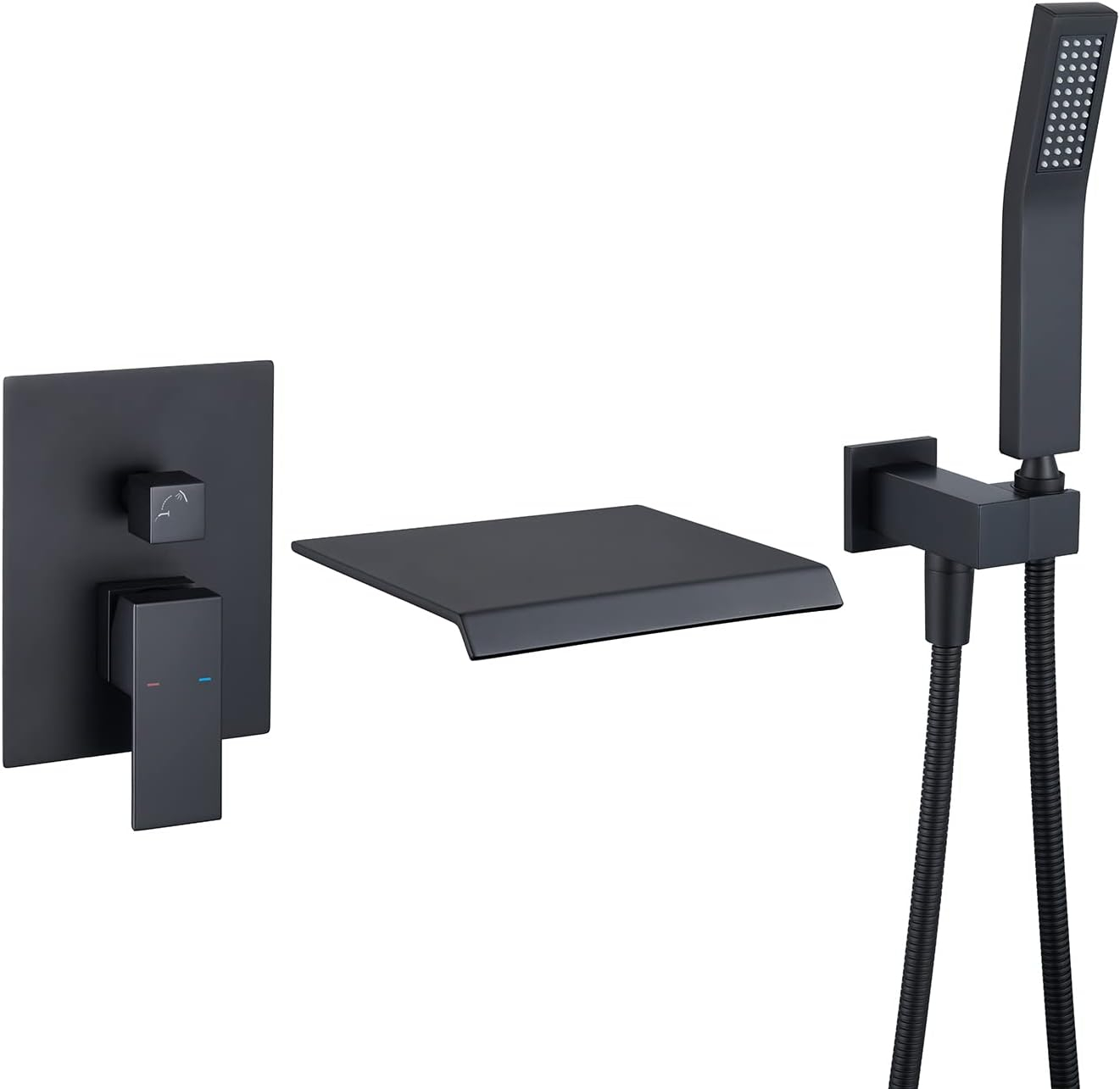 Airuida Wall Mount Tub Faucet with Waterfall Tub Spout Wall Mounted Bathtub Faucet with Handheld Shower Single Handle Tub Filler Shower Faucet Set with Rough-in valve Straight Spout Matte Black
