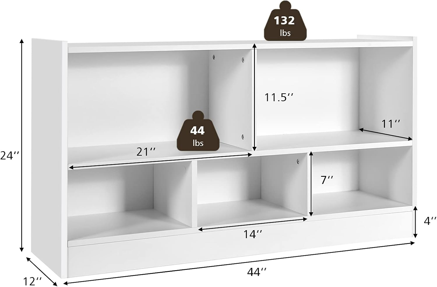 5 Cube Storage Organizer, 2-Tier Horizontal Bookshelf, Wooden Display Book Shelves for Home Office Classroom, Low Bookcase Under Window (White, 44” x 12” x 24”)
