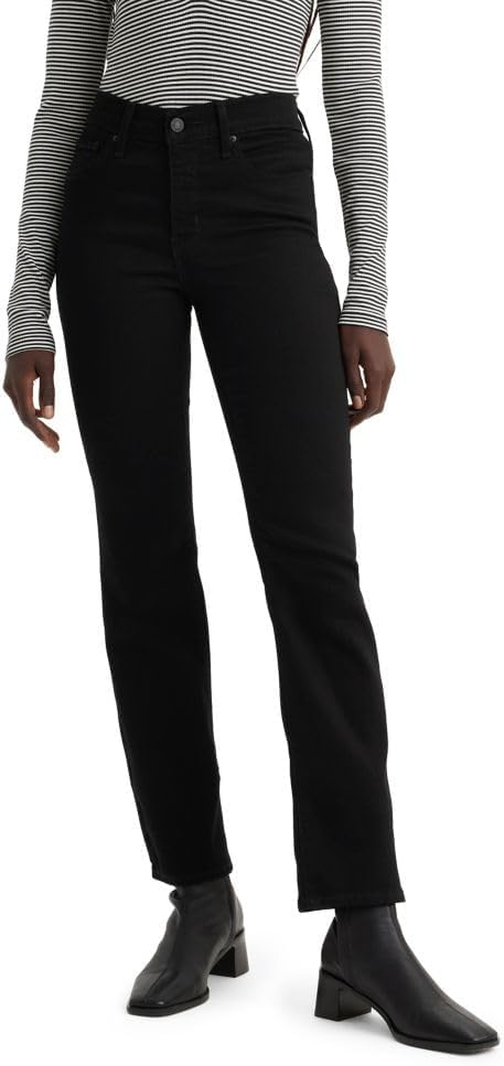 Black Mid-Rise Cotton Blend Straight Leg Jeans