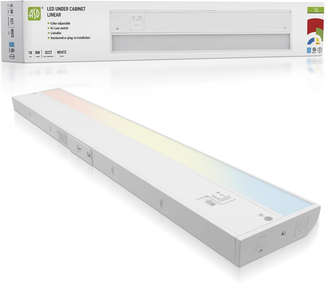 ASD LED Under Cabinet Lighting 18 Inch, Dimmable, Hardwired or Plug-in Installation, 3 Color Levels- 2700K/3000K/4000K, Linkable Kitchen Under Counter Lighting, ETL & Energy Star, White Finish