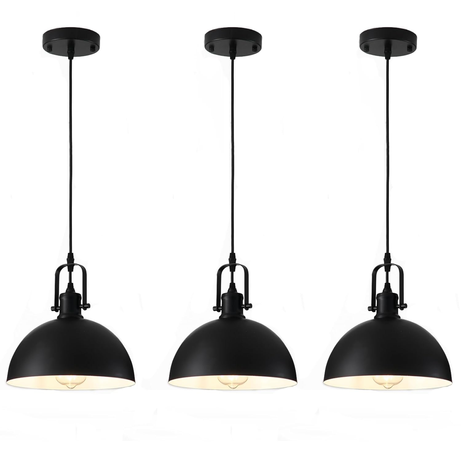 KAYYELAMP 3-Pack Black Metal Shade Hanging Light E26 Black Base Adjustable Height Droplight Retro Design Pendant Light for Kitchen Island Sink Home