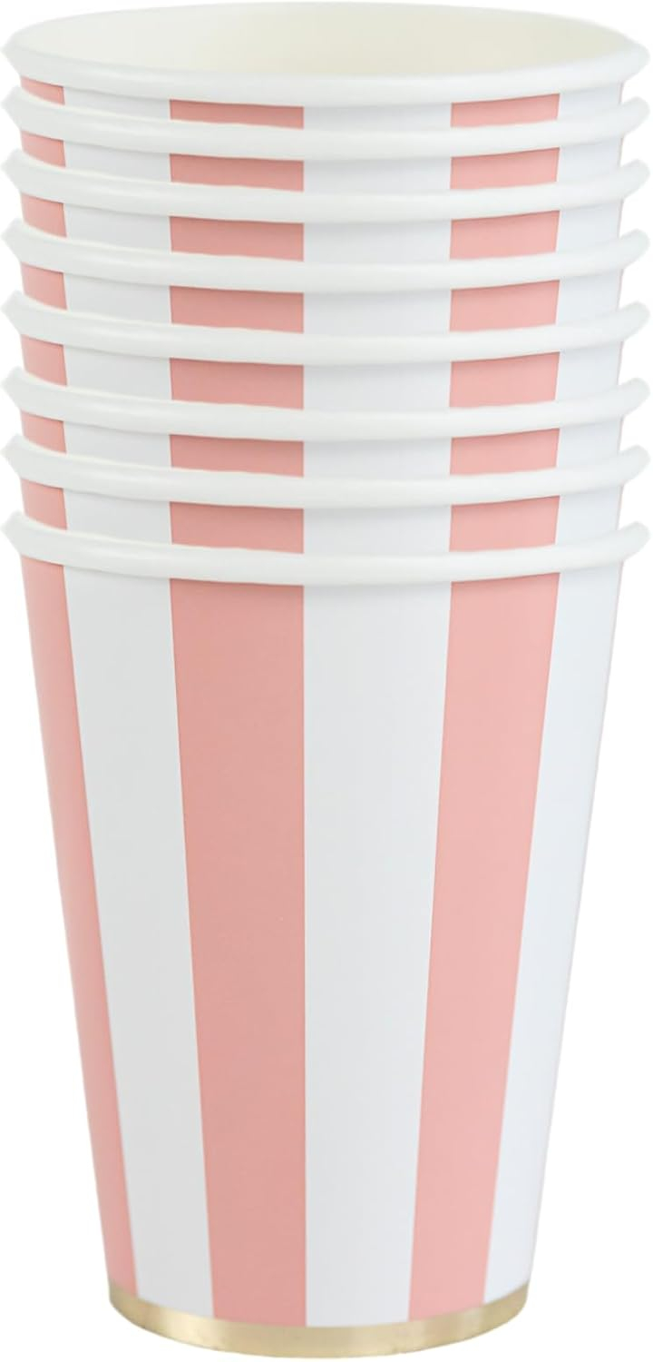 Bonjour Fête Pink Cabana Stripe Paper Party Cups | Disposable Cups for Valentine's Day, Baby Showers, Barbie Parties & Birthday Decorations | Premium 12oz Party Supplies | Pack of 8