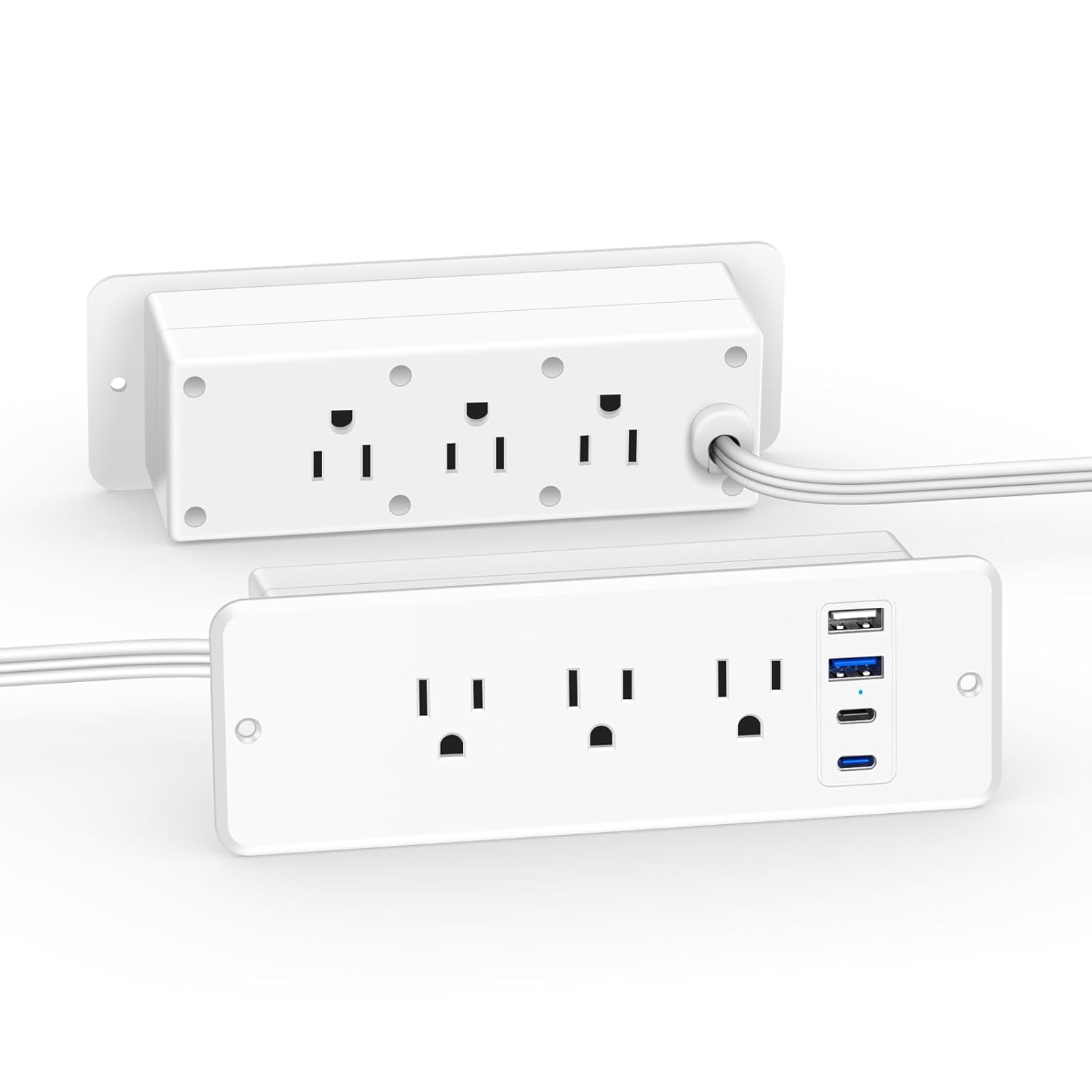 CCCEI 6 Outlets Dual Side Recessed Power Strip with USB C Ports, Furniture Flush Mount, Under Desk, Desk Top Multiple Outlets, Hidden Charging Station for Conference Table, Nightstand, White. 6FT.