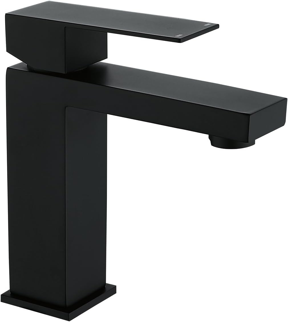 Matte Black Single Handle Bathroom Sink Faucet, Stainless Steel Bathroom Faucet with cUPC Certified Water Supply Hoses, Commercial Vanity Faucet Modern Single Hole RV Bathroom Faucets