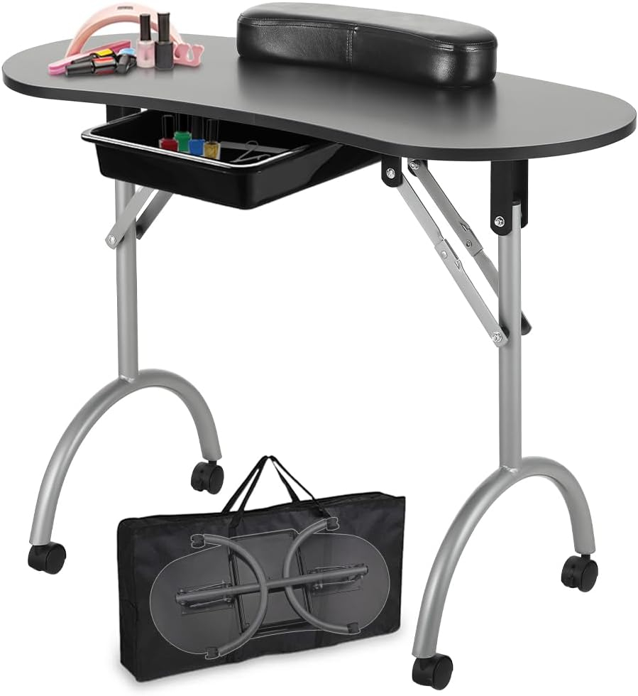 LEIBOU Professional 36''L Portable & Foldable Manicure Table Nail Technician Desk Workstation Manicure Table with Rolling Wheels,Drawer,Sponge,Free Carrying bag (Black)