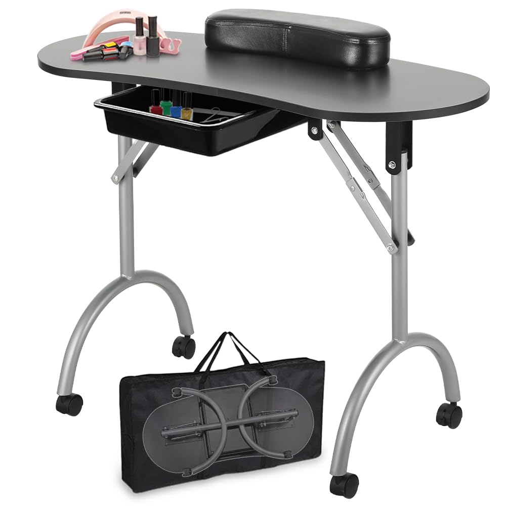 LEIBOU Professional 36''L Portable & Foldable Manicure Table Nail Technician Desk Workstation Manicure Table with Rolling Wheels,Drawer,Sponge,Free Carrying bag (Black)