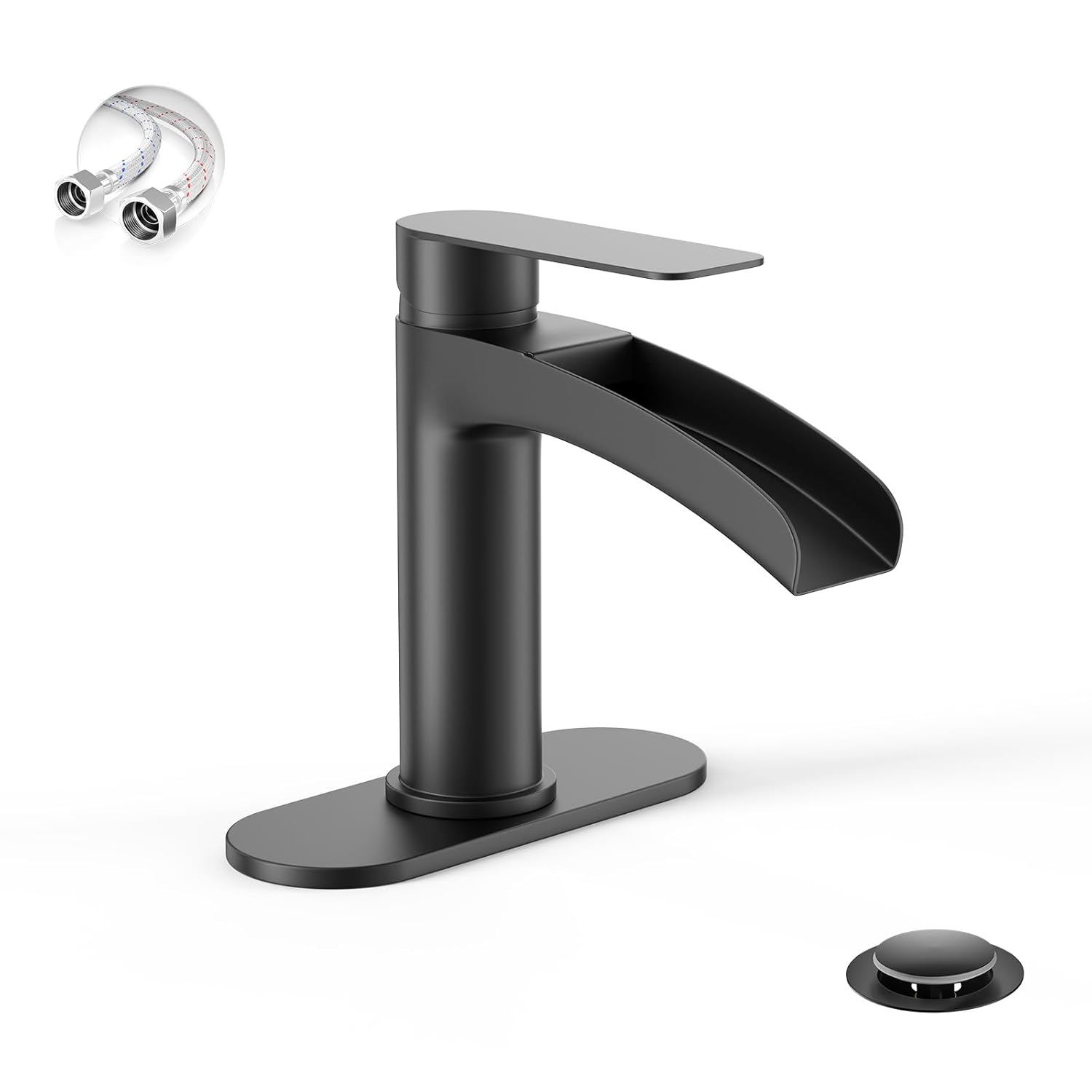 Phiestina Matte Black Single Hole Waterfall Bathroom Sink Faucet Single Handle, with 6-Inch Deck Plate & Metal Pop Up Drain Assembly, NS-SF01-MB