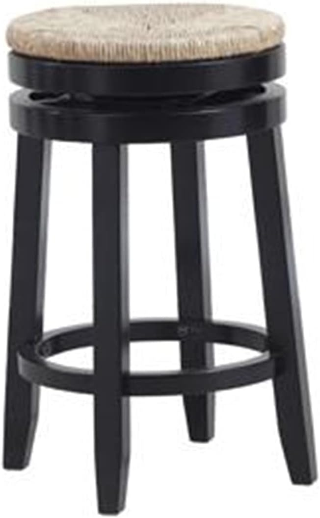 Linon Maya 25.5" Rubberwood Counter Stool Natural Seagrass Swivel Seat in Black