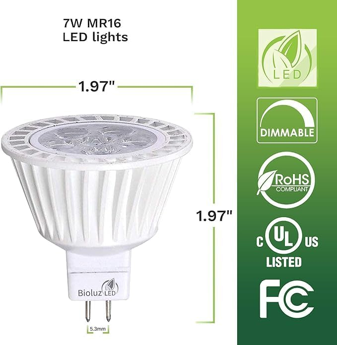 Bioluz LED 5 Pack MR16 Light Bulbs, Dimmable 7W LED Bulbs, 50W Halogen Replacement, 3000K LED Light Bulb, 12V AC/DC, UL Listed, High CRI, LED Lights for Bedroom & Home Decor