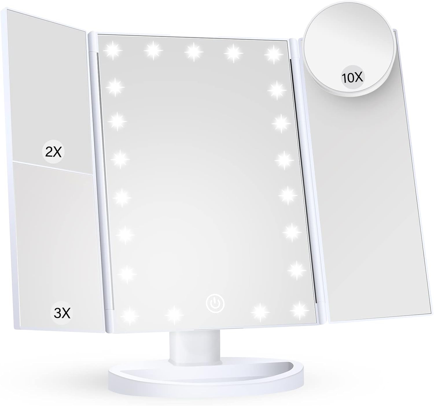 HUONUL Makeup Mirror Vanity Mirror with Lights, 2X, 3X, 10X Magnification, Touch Control, Trifold, White, 9.4"L x 13.4"W, Modern Style, Dresser Mount, Bathroom