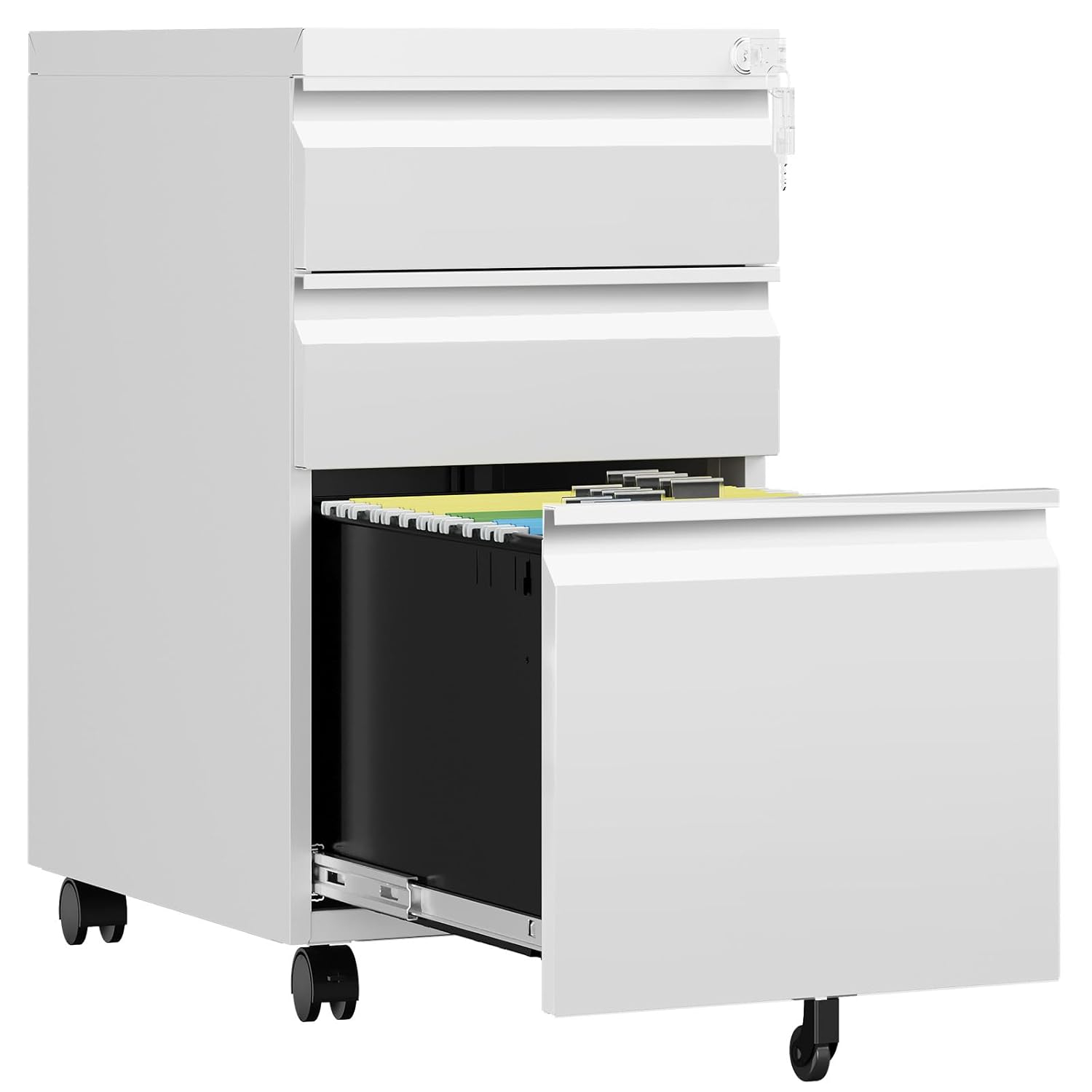 3 Drawer Mobile File Cabinet with Lock, Rolling File Cabinets for Home Office, Under Desk Small File Caninet on wheels, Metal Vertical White Filing Cabnet for Legal/Letter/A4 - Assembly Required